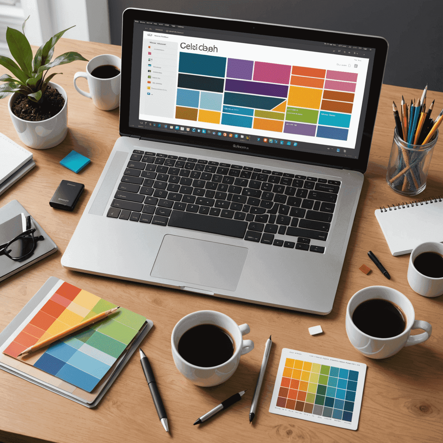 Различные инструменты веб-дизайна, включая ноутбук, графический планшет и образцы цветов, расположенные на рабочем столе